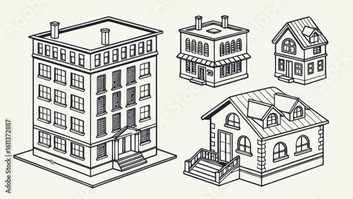 Illustration of building architecture styles including house apartment store and residential structures drawing