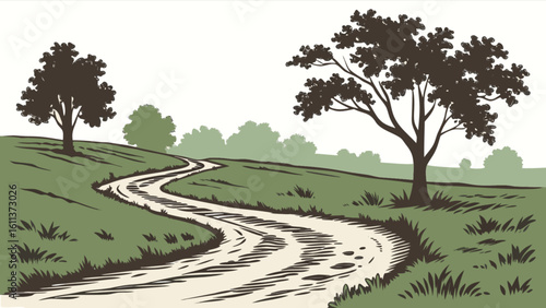 Scenic landscape illustration of country road with trees and green fields for nature background design