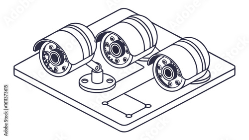 Isometric security camera system cctv surveillance technology outline drawing for home and business security