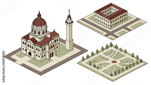Isometric architecture building design vector illustration church tower garden courtyard urban planning concept