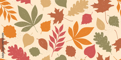 colorful hand drawn autumn leaves seamless pattern in rustic pencil texture style on beige background