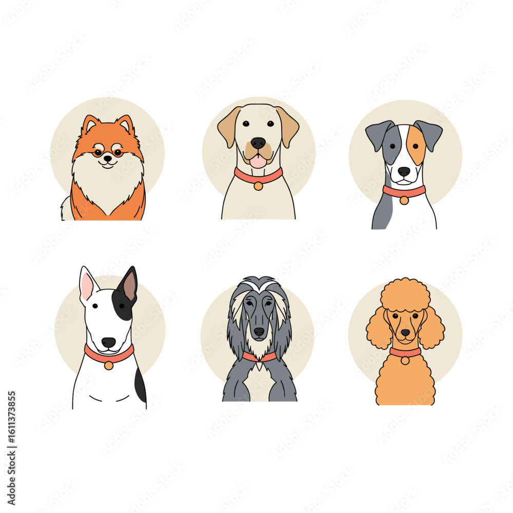 Cute cartoon dog portraits in simple line art style. Cute cartoon dog portraits in simple line art style.