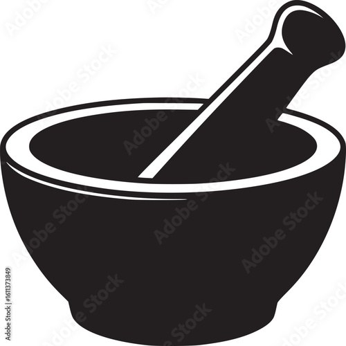 A graphic illustration of a black mortar and pestle set against a stark white plain background view