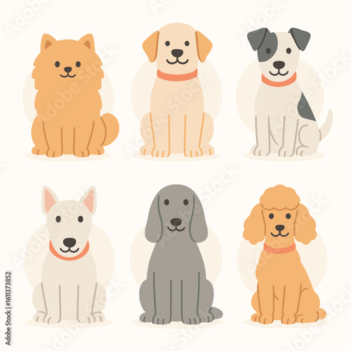Six cartoon dogs of various breeds are sitting and facing forward, each wearing a red collar against a light background.