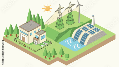 Isometric view of renewable energy landscape featuring solar wind hydro and geothermal power generation sources