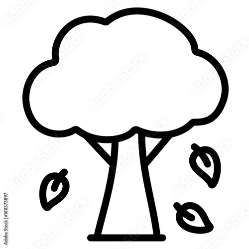 Tree with a full leafy canopy and a few scattered fallen leaves. Autumn tree vector.