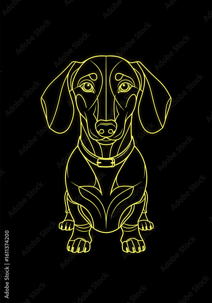 Fototapeta premium Elegant line art portrait of a dachshund dog, sitting calmly, depicted in yellow on black.