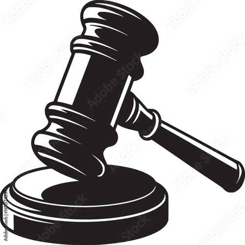 A black and white illustration of a gavel resting on its sound block with a white background
