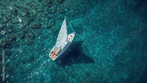 Aerial view of a sailboat navigating crystal clear turquoise waters near a rocky shore