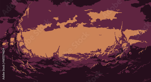 A pixelated, desolate landscape with ruined structures under a muted sunset sky.