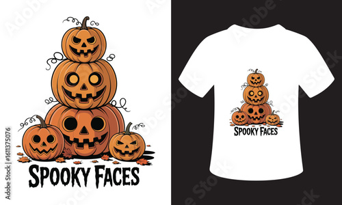 Spooky halloween pumpkins stacked with scary faces and t shirt design