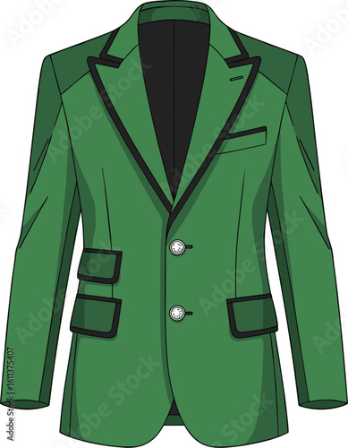 Green blazer fashion mockup with black lapel and pocket trim—tailored two-button jacket illustration for formalwear branding and apparel catalog visuals