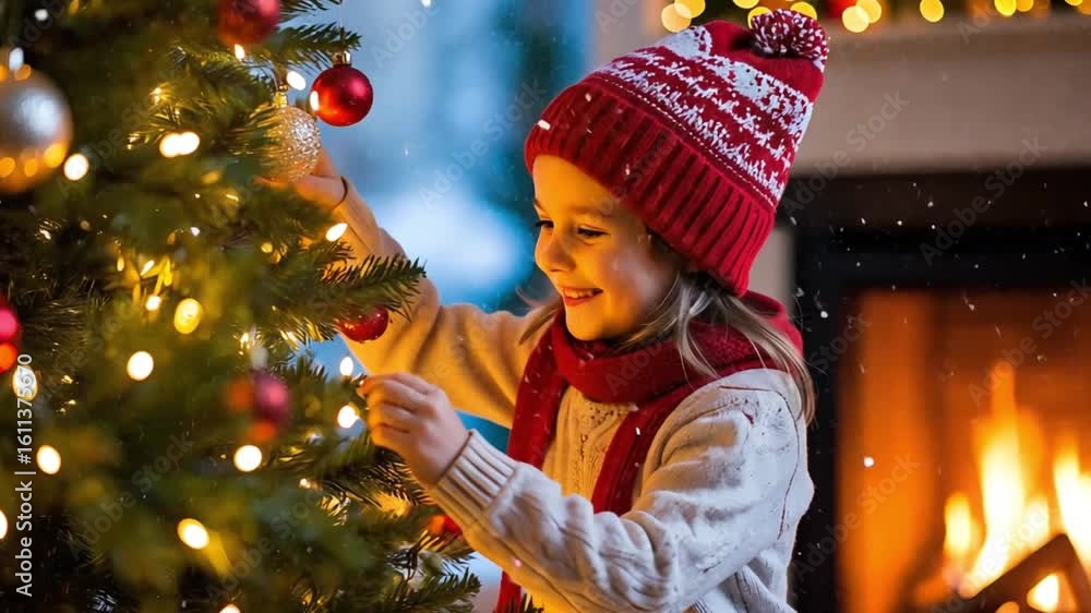 Happy child decorating a Christmas tree, wearing cozy winter clothes and enjoying the festive atmosphere by the warm fireplace Happy child decorating a Christmas tree, wearing cozy winter clothes and enjoying the festive atmosphere by the warm fireplace