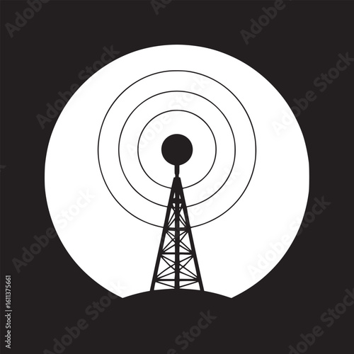 Canvas Print A black and white illustration of a radio tower emitting signals against a circu