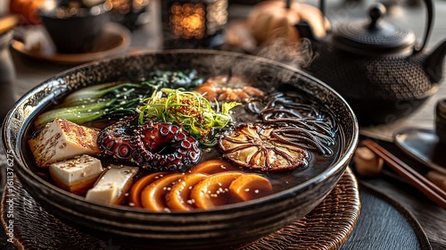 Traditional Japanese Shabu Shabu with Vibrant Seafood and Vegetables
