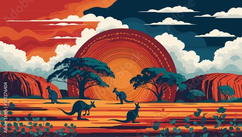 Vibrant Australian outback landscape featuring kangaroos silhouetted against a stunning sunset