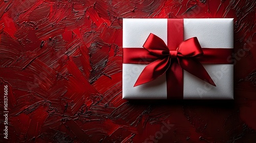 A red ribbon wrapped gift box on a vibrant red background  long title A minimalist elegant white gift box with a bold red ribbon and bow set against