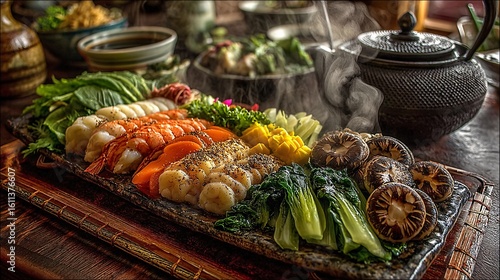 Intricate Vibrant Seafood Platter with Fresh Ingredients and Steam