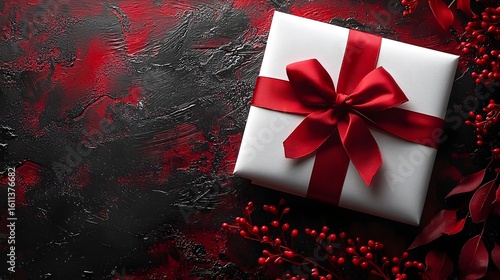 A festive red wrapped gift box with a bold bow