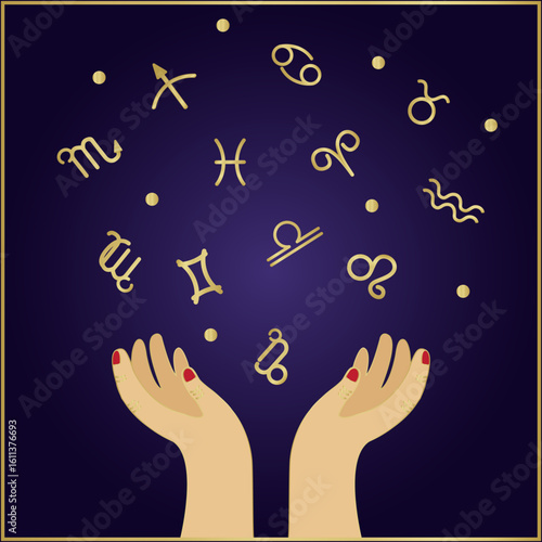 Female hands against the sky, holding different zodiac signs, gold, horoscope, astrology, prediction