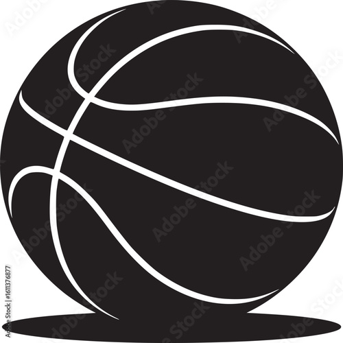 A black and white illustration of a basketball with curved lines and a small shadow underneath it