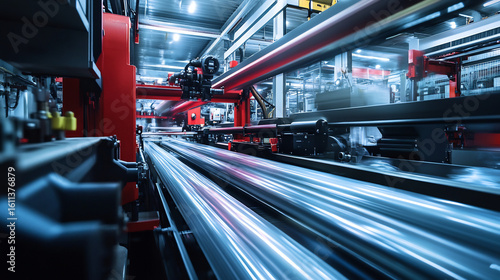 Automated Production Line Moving Metal Pipes with Motion Blur in a Modern Factory