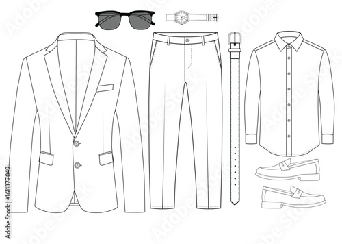 Elegant Male Outfit Collection - Blazer, Loafers, Trousers, and Accessories vector Illustration