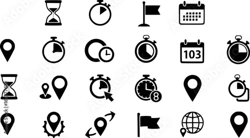Time, date and location icon set in line style, Containing hourglass, pin, stopwatch, calendar, clock, gps point, flag point, globe point and more, vector illustration