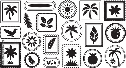 Black Tropical Leaf Postage Stamp Icons

