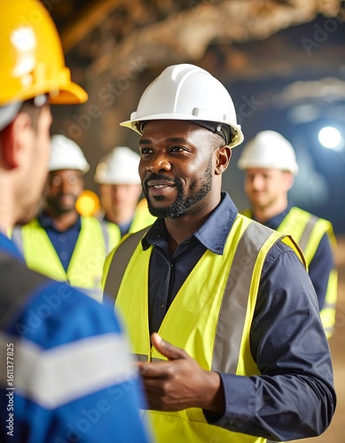 Diverse workers in a mine discussing