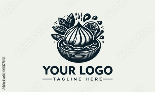 Steaming dim sum logo design with leaves, vintage style.