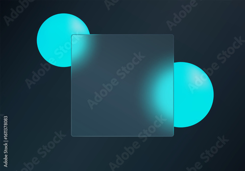 Glass morphism blue cyan banner with glowing spheres