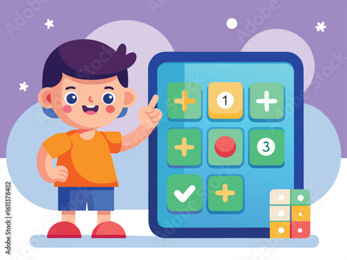 Cheerful boy pointing at math calculator with colorful buttons and blocks vector