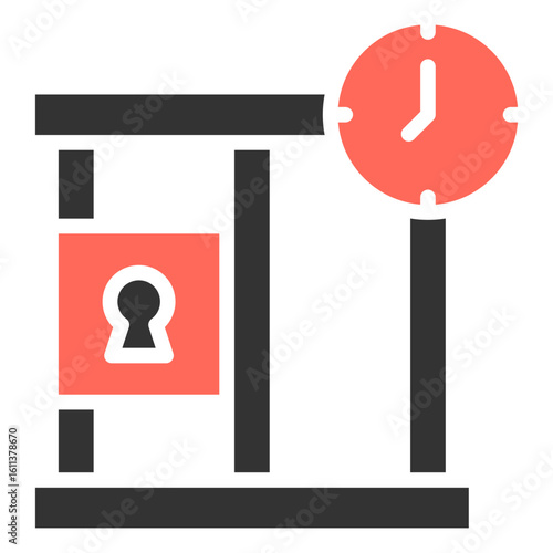 The icon of bars is a key indicator of a prison or place of detention, the lock inside the cell emphasizes the idea of physical and legal locking or restrictions.
