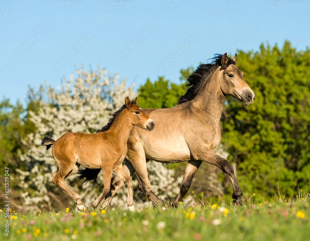 Obraz premium A mother horse and foal running in a field