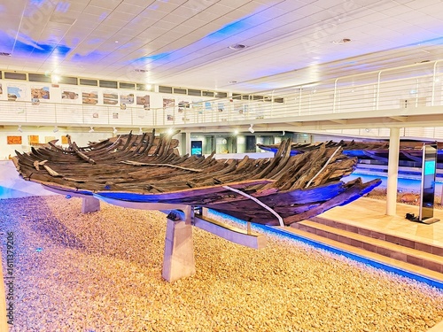 Rome, Italy - July 25, 2025, view of some Roman ships The Museum of Roman Ships in the archaeological museum, managed by the Archaeological Park of Ancient Ostia, located near Rome-Fiumicino airport.