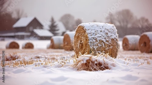 snowy rural scene with hay bales and barns in the background.