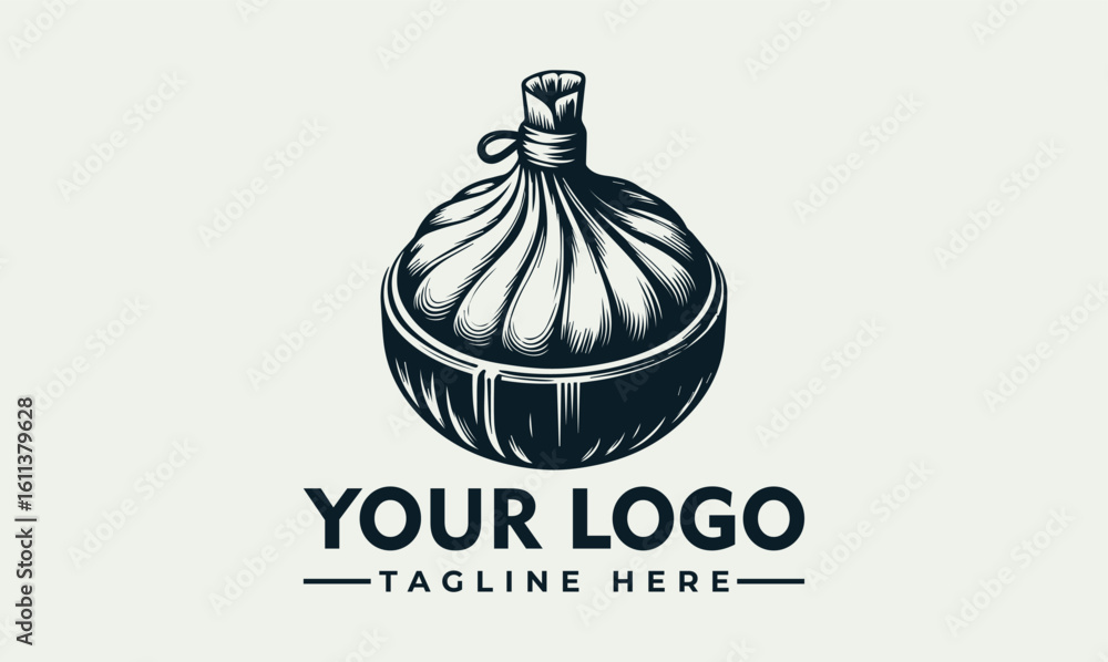Fototapeta premium Illustration of a dumpling in a bowl, tied at the top, with space for a logo and tagline.