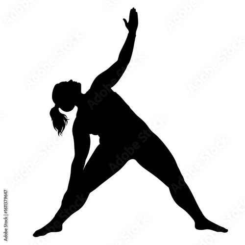 Plus-size woman practicing yoga in triangular pose silhouette  