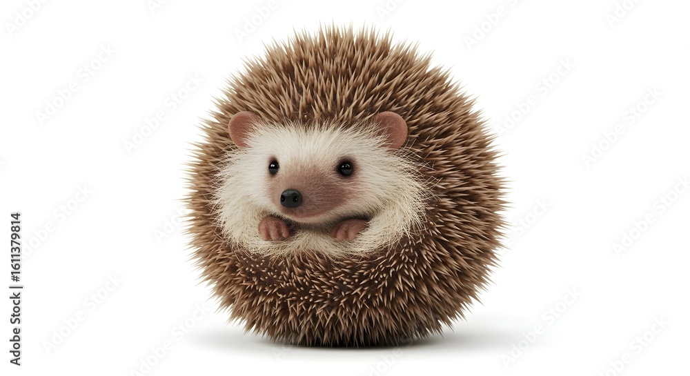 Obraz premium Adorable small hedgehog curled in a defensive posture, a cute pet isolated on white.