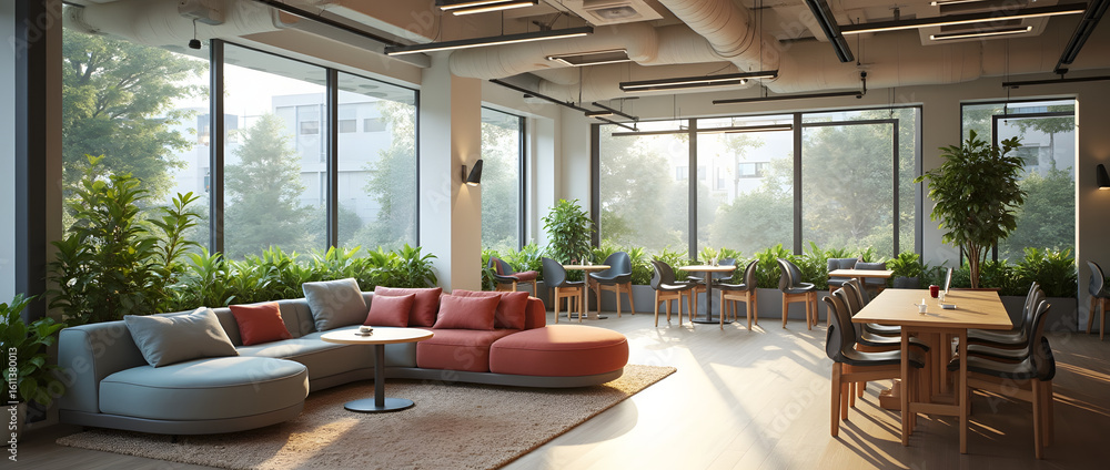 Fototapeta premium Espace de coworking moderne avec sièges ouverts, éclairage propre et végétation, favorisant la productivité