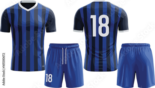 Soccer uniform mockup with striped jersey and shorts—front and back view design template featuring number 18 for teamwear or sports branding