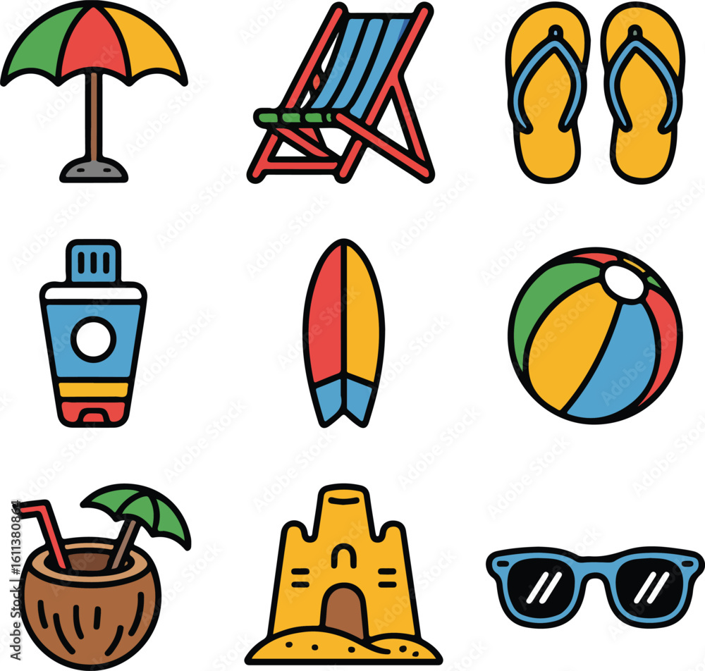 Fototapeta premium Beach vacation icons including umbrella chair flip flops and coconut drink