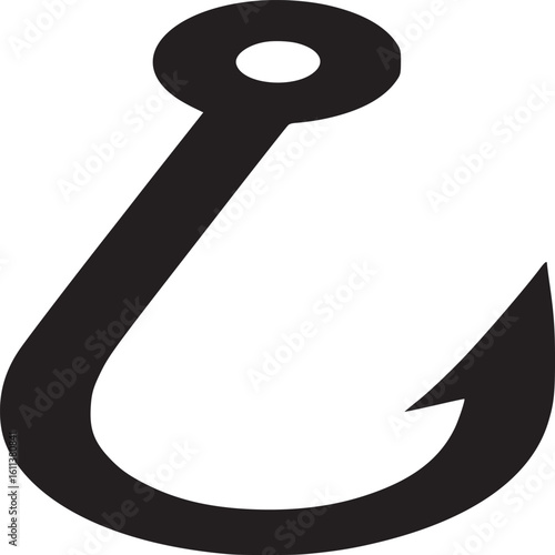A simplistic black fishing hook illustration with a sharp barb on a plain white background view