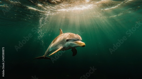Dolphin Swimming Underwater in Dark Teal Water with Sunlight