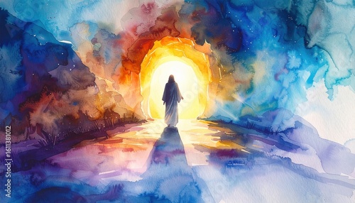 A silhouette of Saint figure walking into a glowing light in a painted cosmic landscape symbolizing afterlife, spiritual journey, or divine encounter