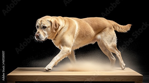 Labrador Retriever Running Across Wooden Surface, Sand Splash, Black Background