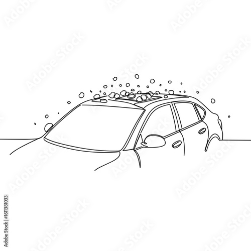 Car roof dented by hail during storm with falling ice pellets, Line Art Vector, Monochromatic. Hail damage, auto insurance concept. For automotive repair, insurance campaigns