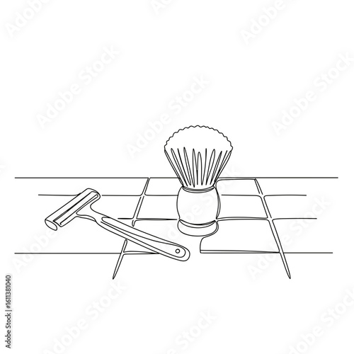 Brush and razor on white tile with clean design and minimal style, Line Art Vector, Monochromatic, Grooming, Hygiene, Simplicity. For Beauty Blogs, Barbershop Branding, Personal Care Product Promotion