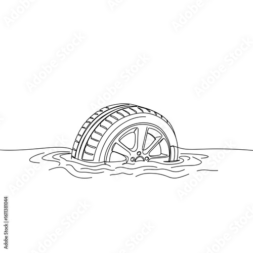 Car tire submerged in deep water with ripples around it, Line Art Vector, Monochromatic. Water hazard, road safety. For automotive safety, insurance ads